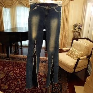 Fishnet Distressed Ribbon Lace-up Jeans. StretchDenim Vintage Y2K/90s/Millennium